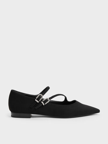 Sepatu Mary Jane Double-Strap Crystal-Buckle Faux Suede, Black Textured, hi-res