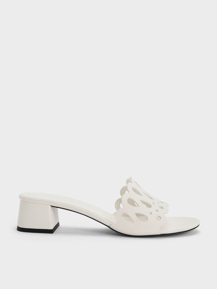 Sepatu Mules Block-Heel Cut-Out, White, hi-res