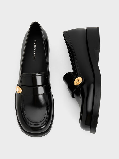 Sepatu Loafers Metallic-Buckle Strap, Black Box, hi-res
