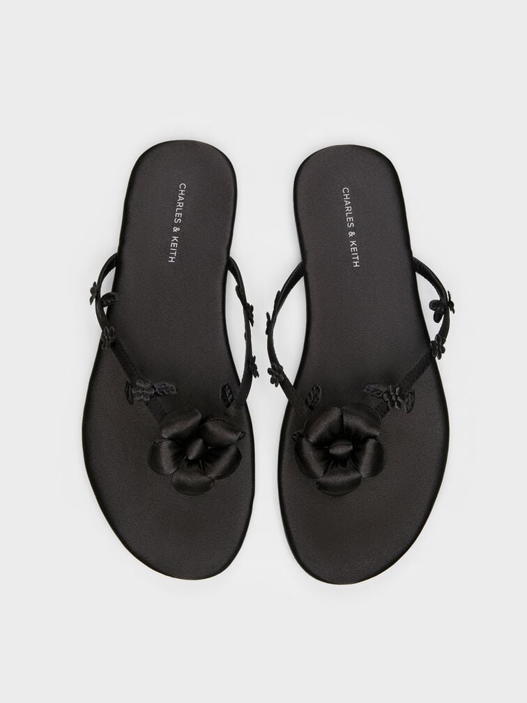 Sandal Thong Flower Puffy, Black Textured, hi-res
