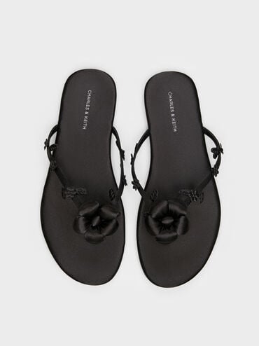 Sandal Thong Flower Puffy, Black Textured, hi-res