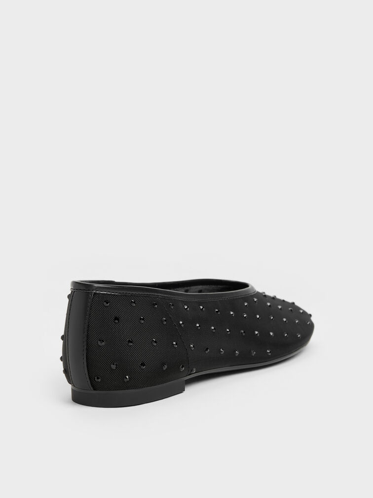 Sepatu Flats Ballet Crystal Mesh, Black Textured, hi-res