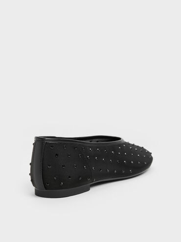 Sepatu Flats Ballet Crystal Mesh, Black Textured, hi-res