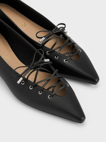 Sepatu Flats Lace-Tie Jianna Leather, Black, hi-res