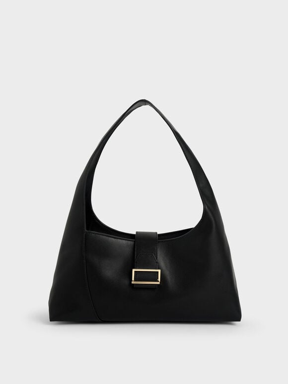 Leather Hobo Bag, Black, hi-res