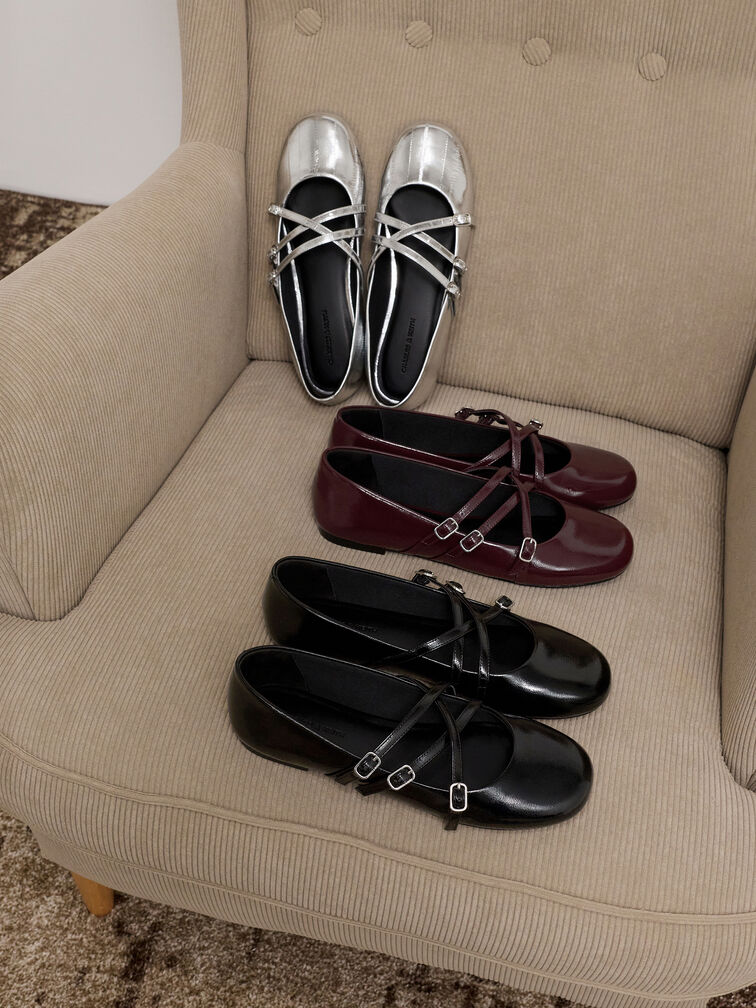 Metallic Triple-Strap Crossover Mary Jane Flats, Silver, hi-res