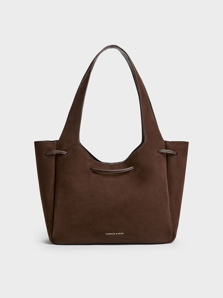 Tas Tote Drawstring Metallic-Knot Mila Recycled Suede, Espresso Brown, hi-res