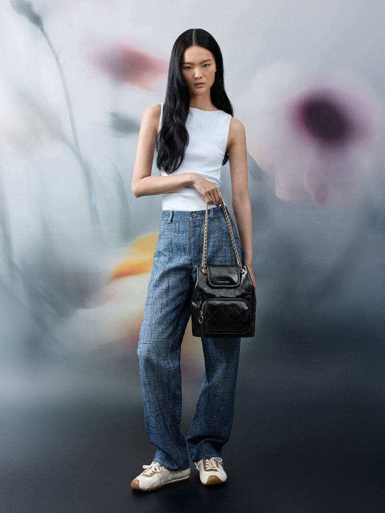 Tas Bucket Flont-Flap Quilted Apfra, Black, hi-res