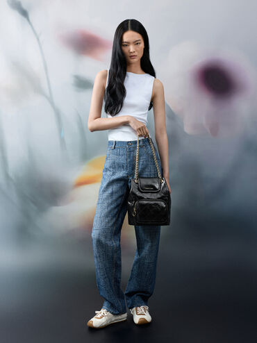 Tas Bucket Flont-Flap Quilted Apfra, Black, hi-res