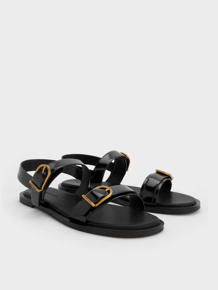Double Buckle-Strap Slingback Sandals, Black Box, hi-res