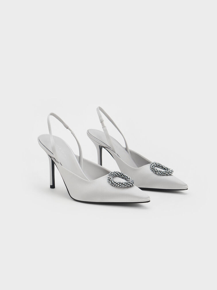 Recycled Polyester Beaded Circle Slingback Pumps, Silver, hi-res