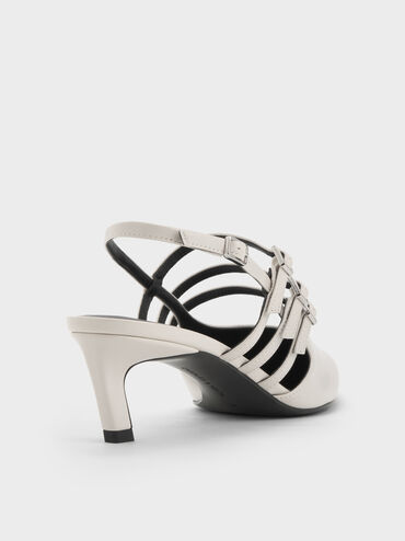 Sepatu Slingback Pumps Pointed-Toe Kitten-Heel Triple-Strap, Chalk, hi-res