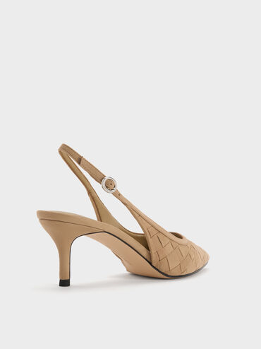 Sepatu Slingback Pumps Pointed-Toe Woven Ivette Faux Suede, Sand, hi-res