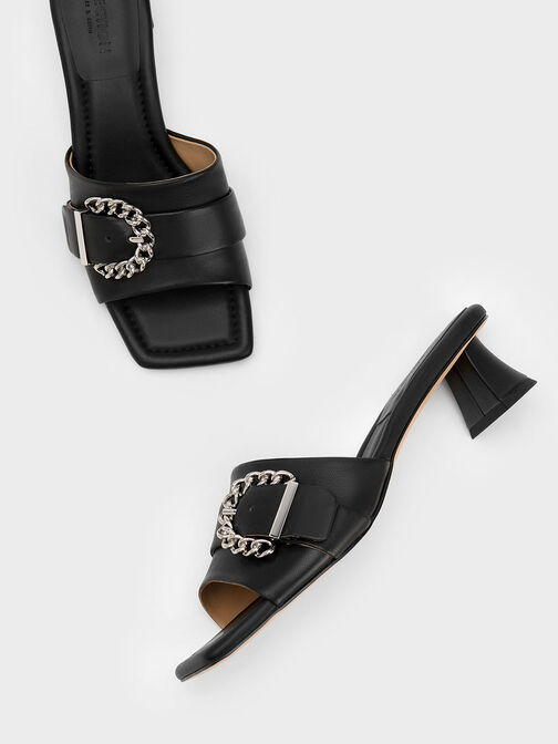 Sepatu Mules Chain-Buckled Leather, Black, hi-res