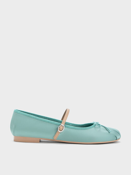 Sepatu Flats Mary Jane Satin Bow, Mint Green, hi-res