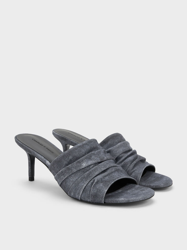 Sepatu Mules Heeled Ruched Twill, Dark Blue, hi-res