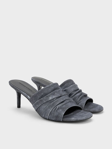 Sepatu Mules Heeled Ruched Twill, Dark Blue, hi-res