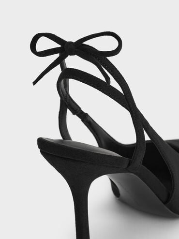 Sepatu Pumps Slingback Back-Bow Suede Faux, Black Textured, hi-res