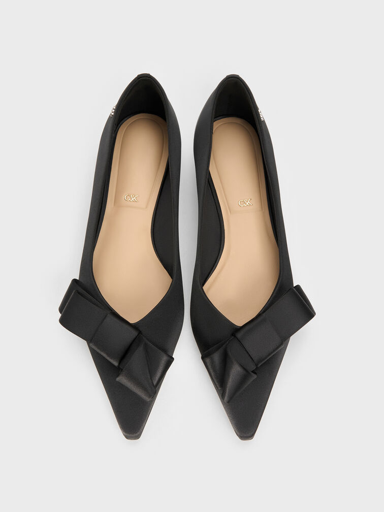 Sepatu Flats Ballet Pointed Pleated-Bow, Black Textured, hi-res