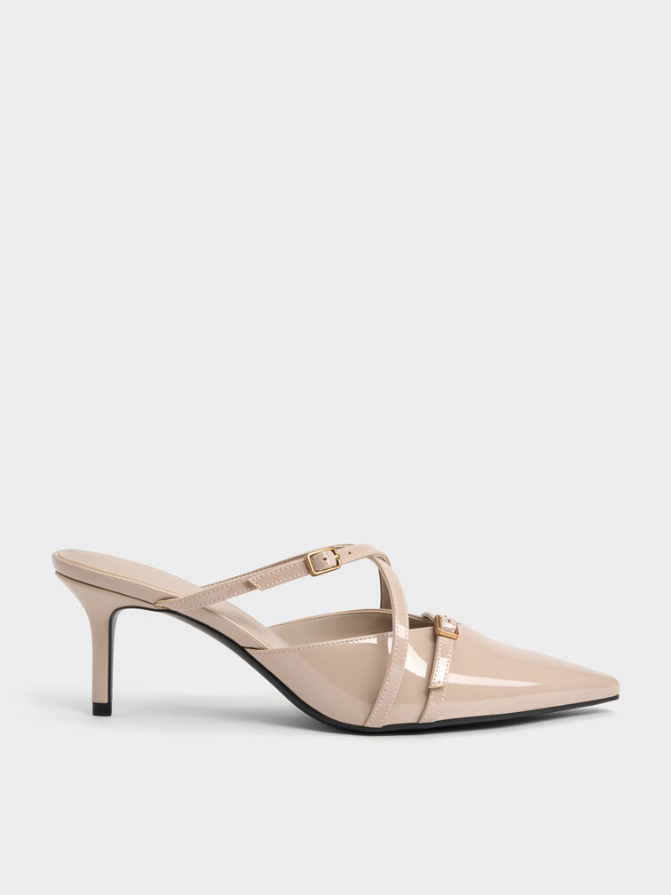 Sepatu Mules Heeled Pointed Patent Maybelle, Nude, hi-res
