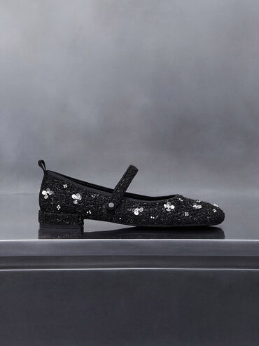 Tweed Flower-Embellished Mary Janes, Black Textured, hi-res