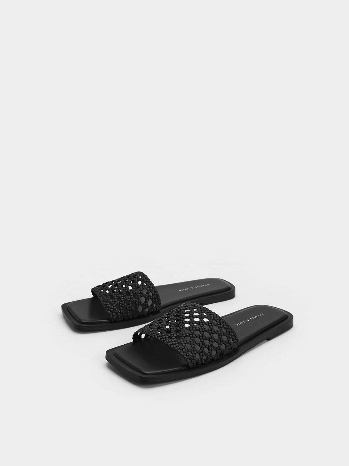 Sandal Slides Square-Toe Woven, Black, hi-res
