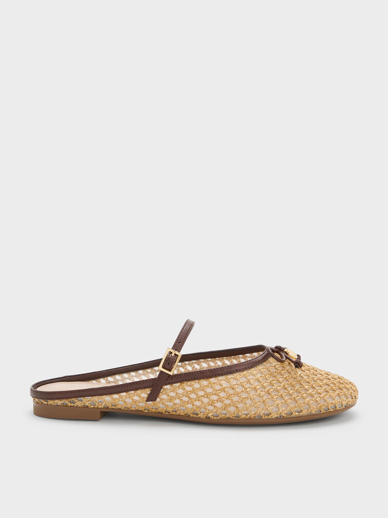 Raffia Bow Mary Jane Mules, Dark Brown Textured, hi-res