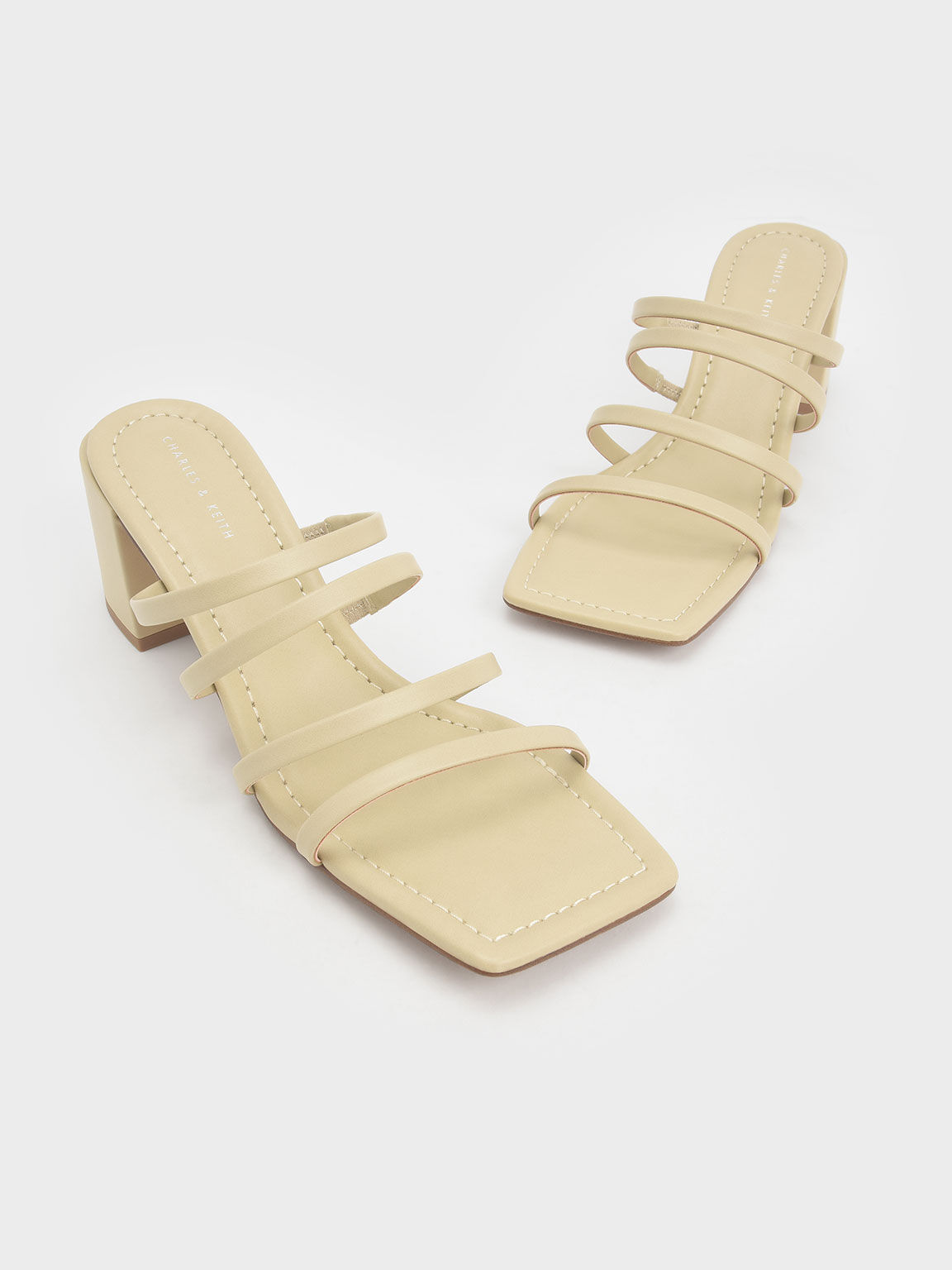 Sandal Mules Heeled Strappy Square-Toe, Sand, hi-res