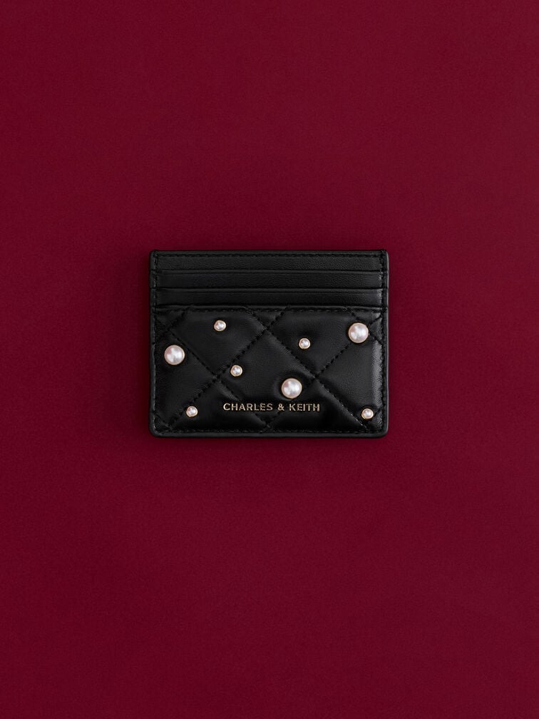 Card Holder Quilted Janie Pearl-Embellished, Black, hi-res