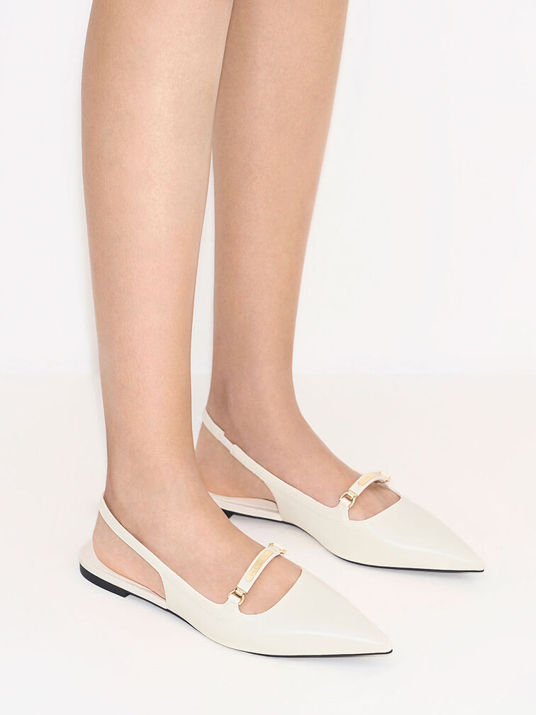 Sepatu Flats Slingback Metallic Bar Accent, Cream, hi-res