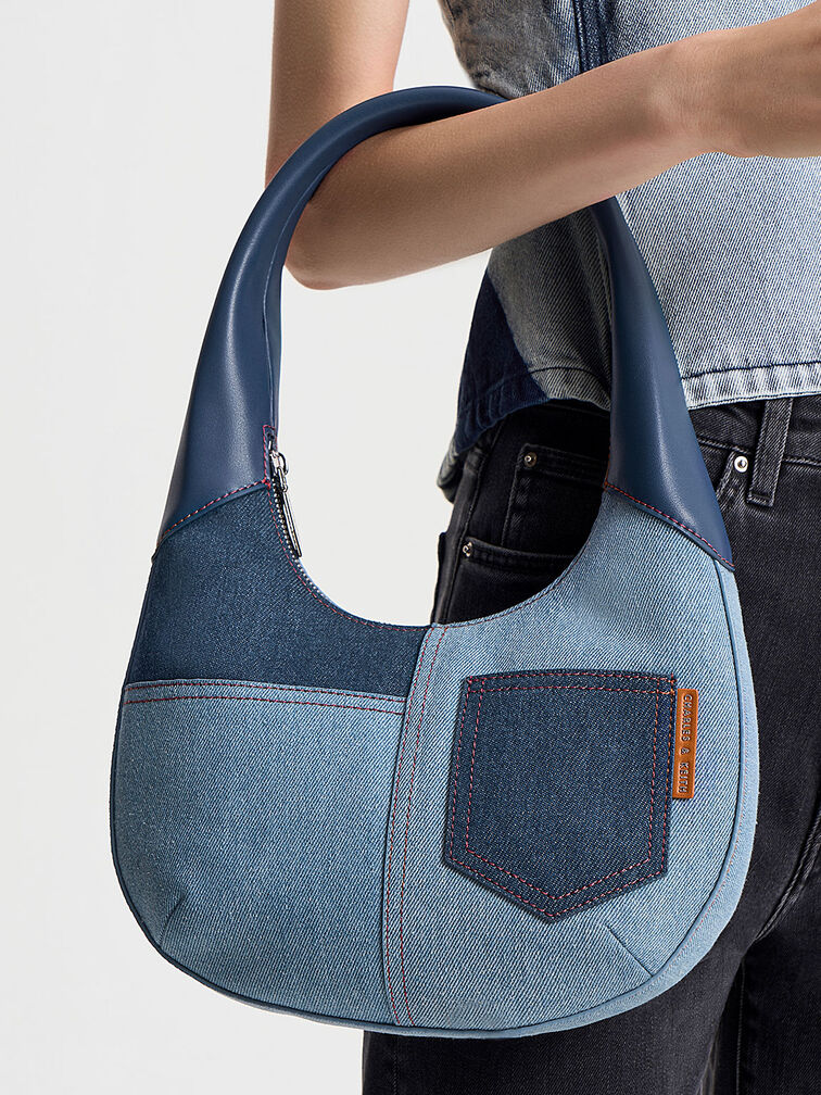 Anthea Denim Contrast-Trim Curved Hobo Bag, Denim Blue, hi-res