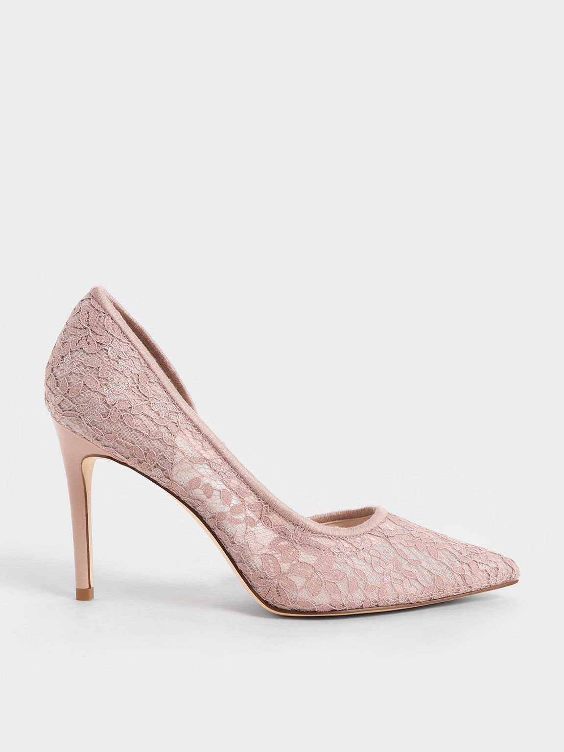 Sepatu Pumps Stiletto Lace & Mesh Half D'Orsay, Pink, hi-res