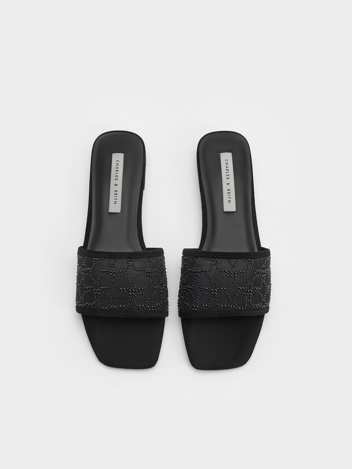Sandal Flat Bead-Embellished Mesh, Black, hi-res