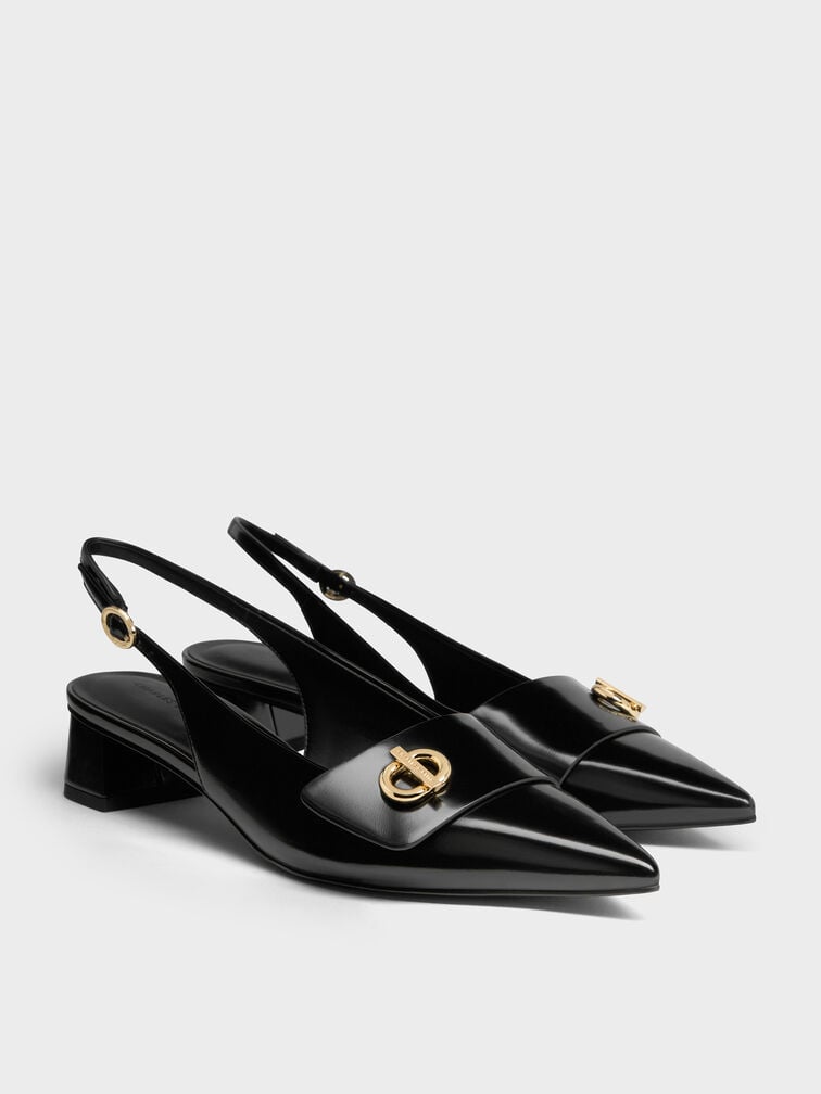 Sepatu Slingback Pumps Pointed-Toe Metallic-Accent, Black Box, hi-res
