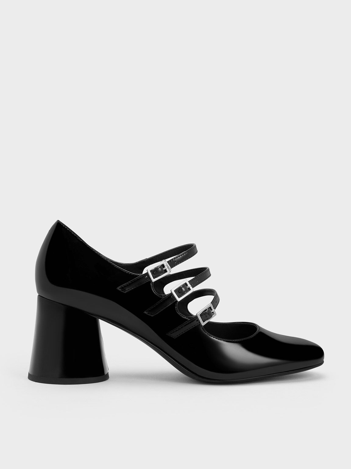 Sepatu Mary Janes Buckled Cylindrical Heel, Black, hi-res