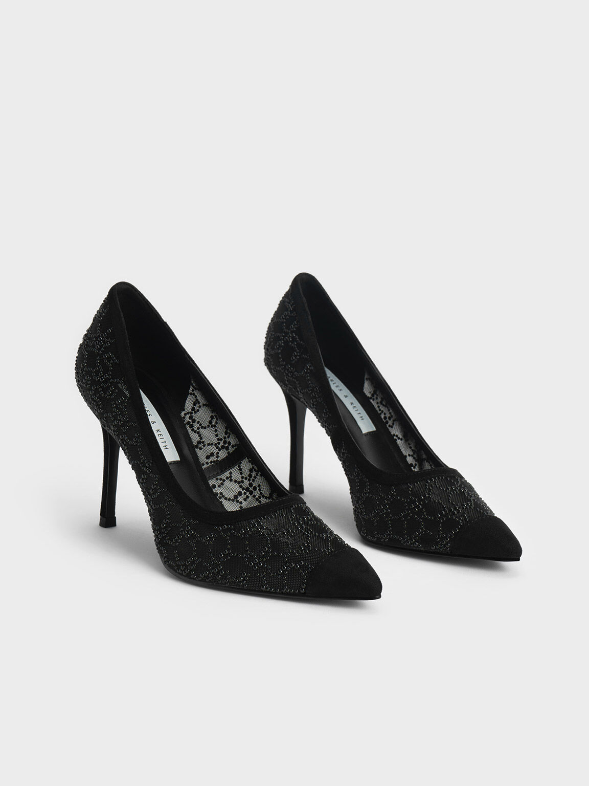 Sepatu Pump Mesh Bead-Embellished, Black, hi-res