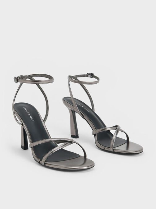 Metallic Crossover-Strap Heeled Sandals, Pewter, hi-res