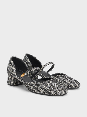 Tweed Mary Jane D'Orsay Pumps, Black Textured, hi-res