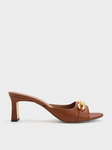 Sandal Heeled Mules Chunky Chain-Link, Cognac, hi-res