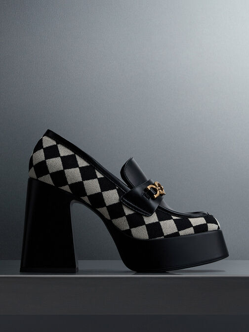 Sepatu Platform Loafers Checkered Metallic Accent, Multi, hi-res