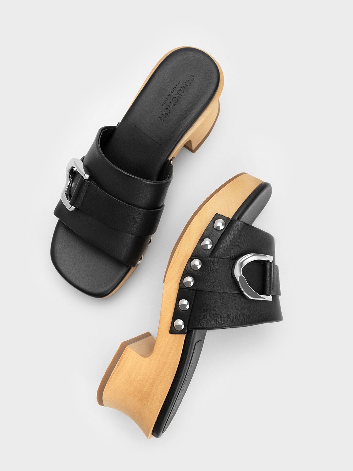 Sepatu Clogs Gabine Studded Leather, Black, hi-res