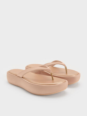 Sandal Flatform Thong Satin, Nude, hi-res