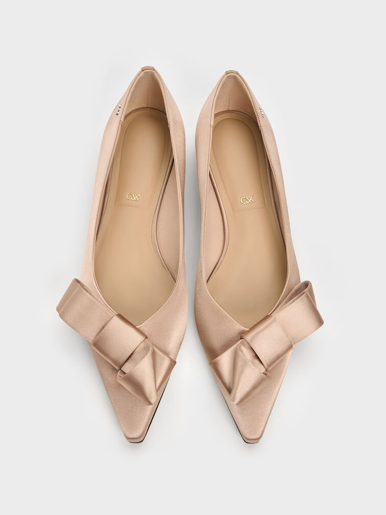 Sepatu Flats Ballet Pointed Pleated-Bow, Nude, hi-res