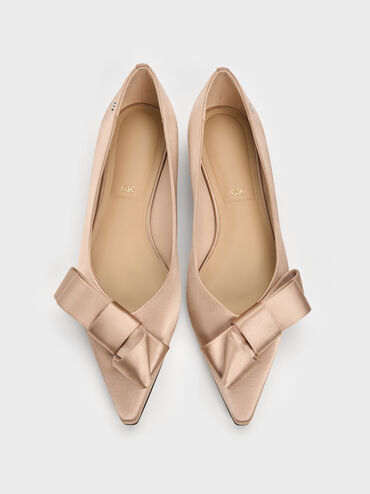 Sepatu Flats Ballet Pointed Pleated-Bow, Nude, hi-res