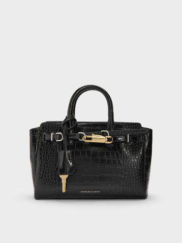 Mini Delfina Croc-Effect Belted Tote Bag, Black Croco, hi-res