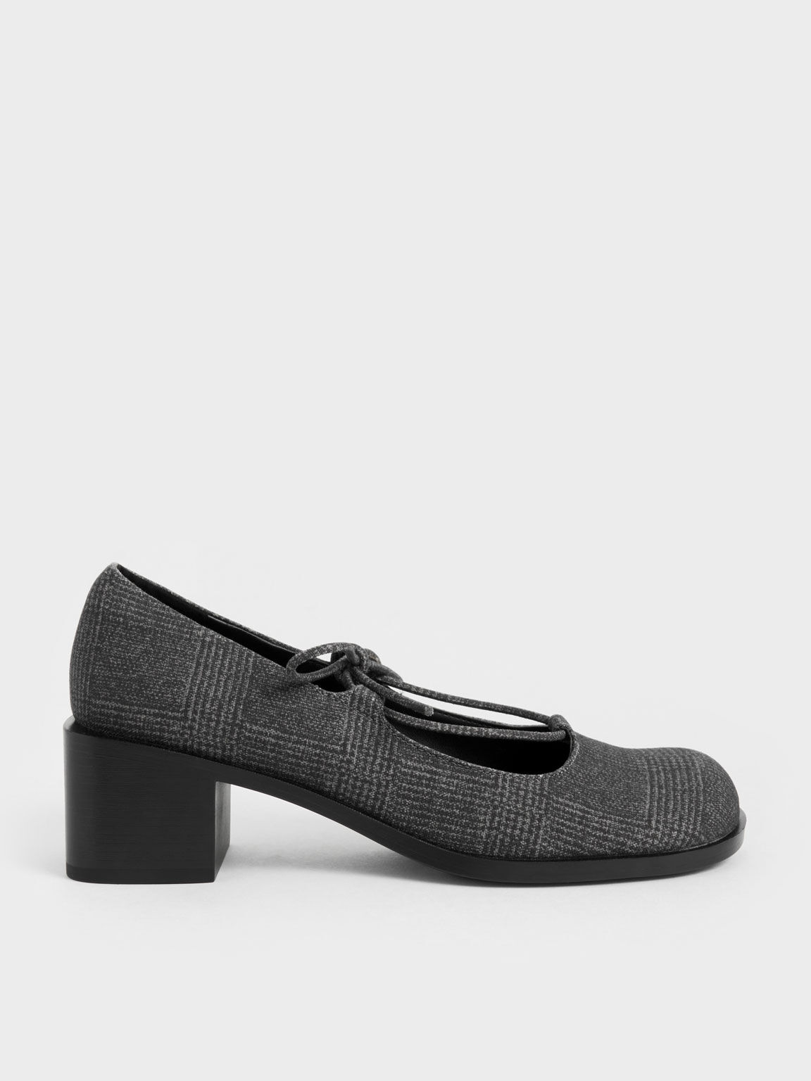 Sepatu Pumps Mary Jane Ribbon-Tie Checkered, Grey, hi-res