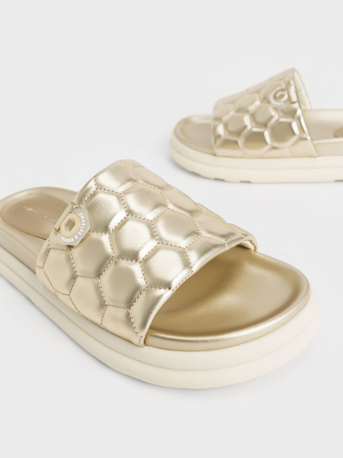 Sandal  Metallic Textured Flatform Sliders, Gold, hi-res