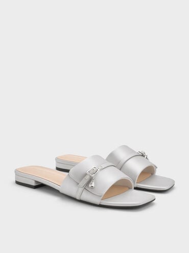 Sandal selip Buckle-Strap Teardrop-Crystal Satin, Silver, hi-res