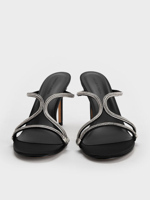 Sepatu Heeled Mules Braided Satin, Black Textured, hi-res