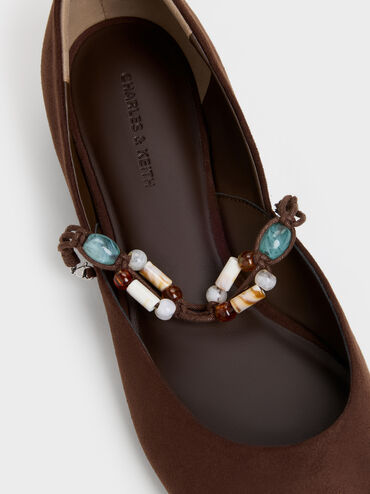 Franca Faux Suede Beaded-Strap Mary Janes, Dark Brown Textured, hi-res